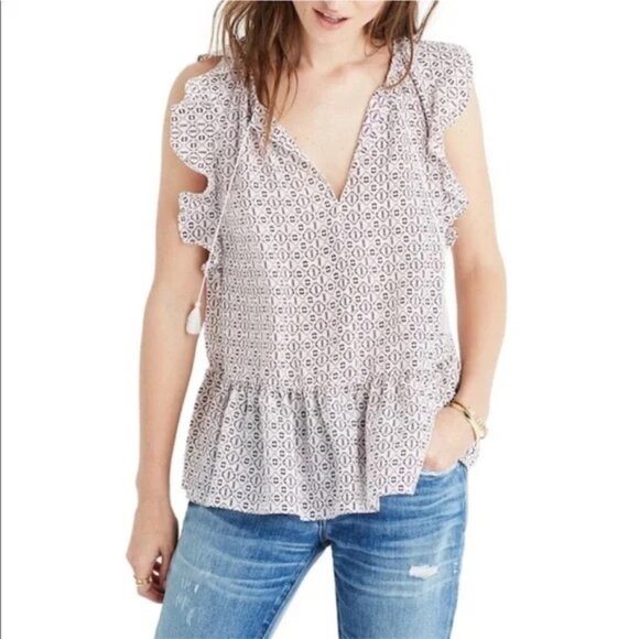 Madewell 100% Silk Lily Ruffle Top in Echo Grid Peplum Hem Size Small - Picture 1 of 17